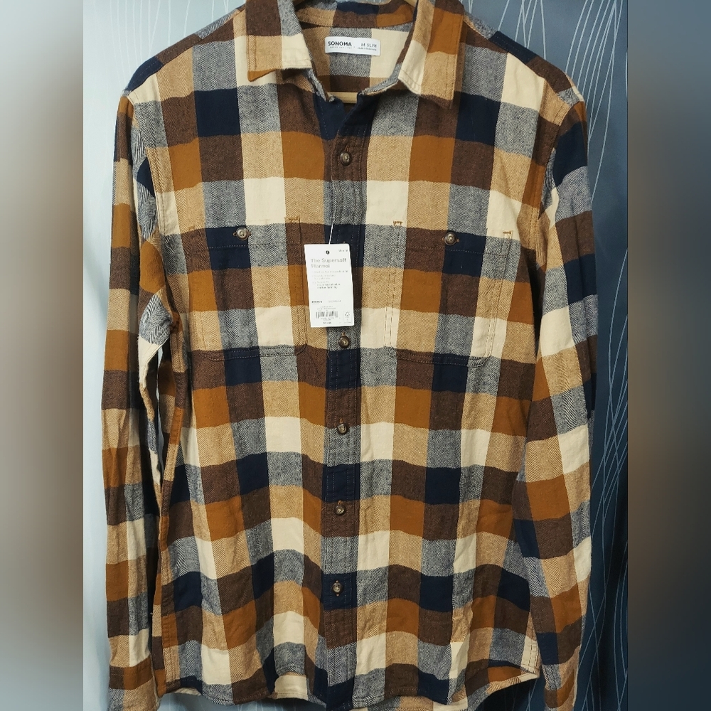 Sonoma Supersoft Flannel Shirt - Blue, Brown, Cream Slim Fit Medium Brand New